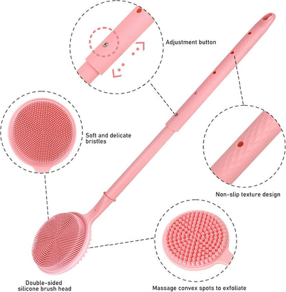 OZNER 24 Inches Silicone Back Scrubber for Shower - Extendable Long Handle Shower Brush with Dual-Sided Bristles - Exfoliating Body Scrubber for Sensitive Skin - Perfect for Men & Women (Black)