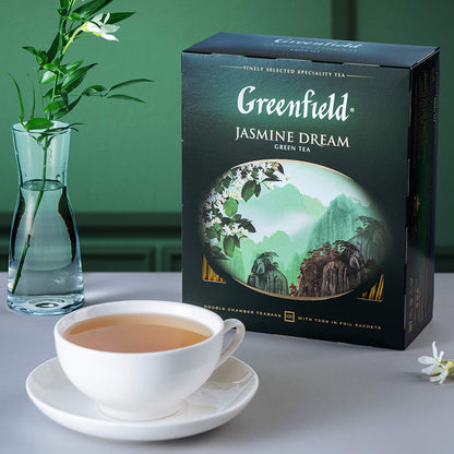 Greenfield Jasmine Dream Green Tea - 100 Individually Wrapped Tea Bags - Premium Chinese Green Tea with Natural Jasmine Petals - Refreshing and Aromatic Flower Tea - 7.05 oz