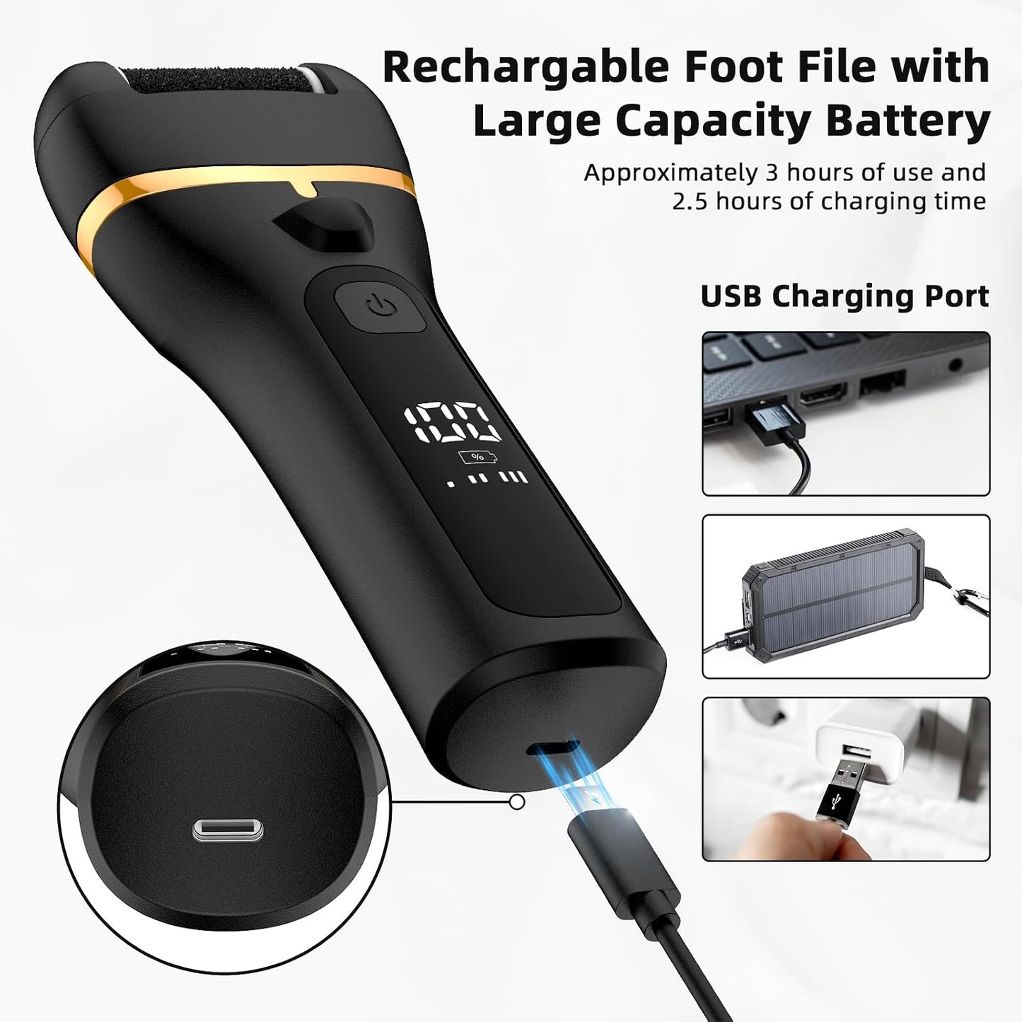 Electric Callus Remover for Feet Rechargeable Hard Skin Remover with 3 Replacement Rollers, Electric Foot Care with LED Light L02