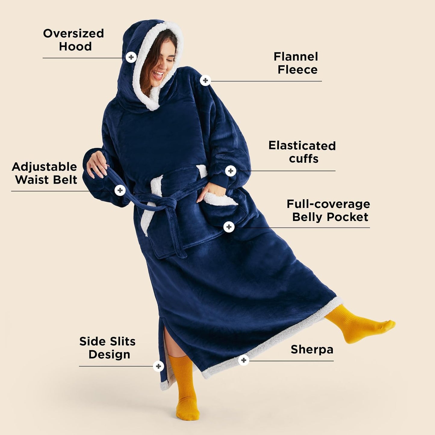 Bedsure Wearable Blanket Hoodie, Long Hooded Blanket Sweatshirt as Mothers Birthday Gifts for Women, Cozy Sherpa Hoodie for Adult, Standard, Grey