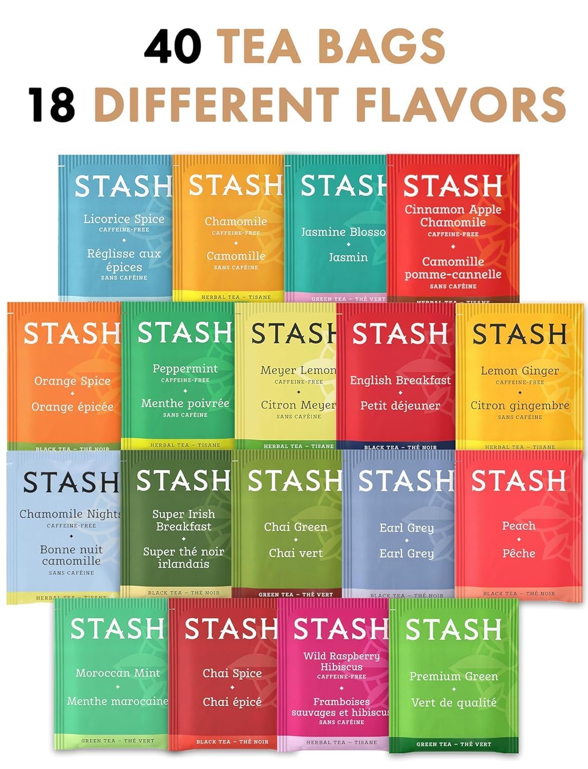 Stash Tea Sampler 40 Assorted Tea Bags, 18 Flavours in Cotton Pouch