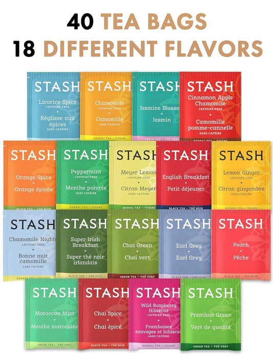 Stash Tea Sampler 40 Assorted Tea Bags, 18 Flavours in Cotton Pouch