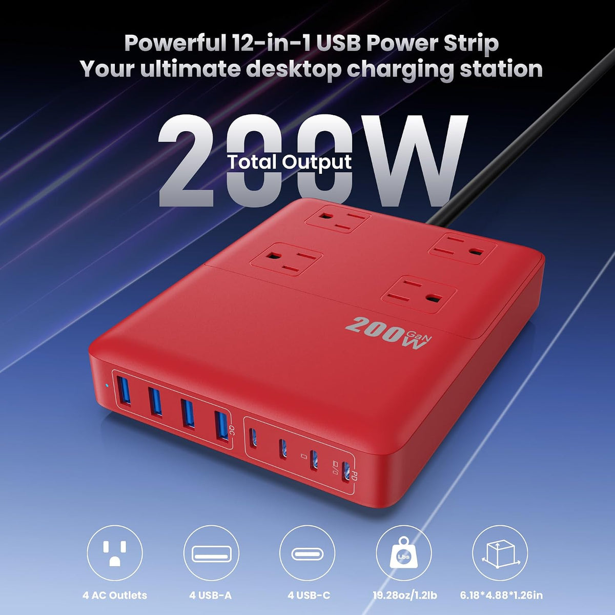 12-in-1 Charging Station USB C Power Strip with 5ft Cord and Plug,200W GaN IV USB C Charger Block,4 AC Outlets,8 USB for MacBook,iPhone 17/16/15,Fast Charging Desktop Charger for Office,Home