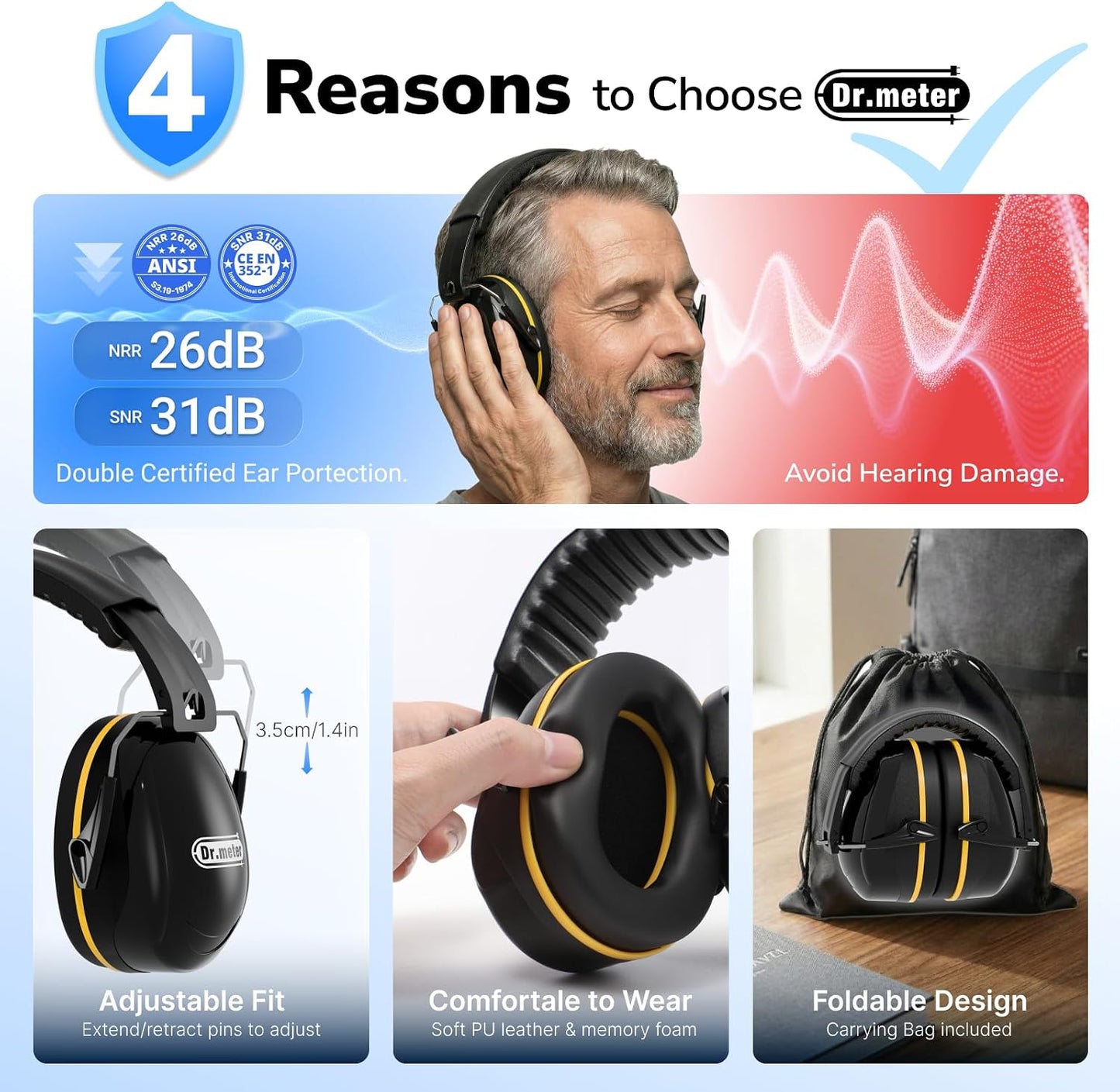 Dr.meter Ear Protection Ear Muffs, Noise Cancelling Headphones for Adults Kids 31dB Earmuffs for Noise Reduction, Hearing Protection for Shooting Gun Range, Mowing, Monster Jam, Sensory, Fireworks