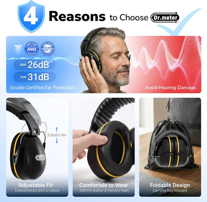 Dr.meter Ear Protection Ear Muffs, Noise Cancelling Headphones for Adults Kids 31dB Earmuffs for Noise Reduction, Hearing Protection for Shooting Gun Range, Mowing, Monster Jam, Sensory, Fireworks