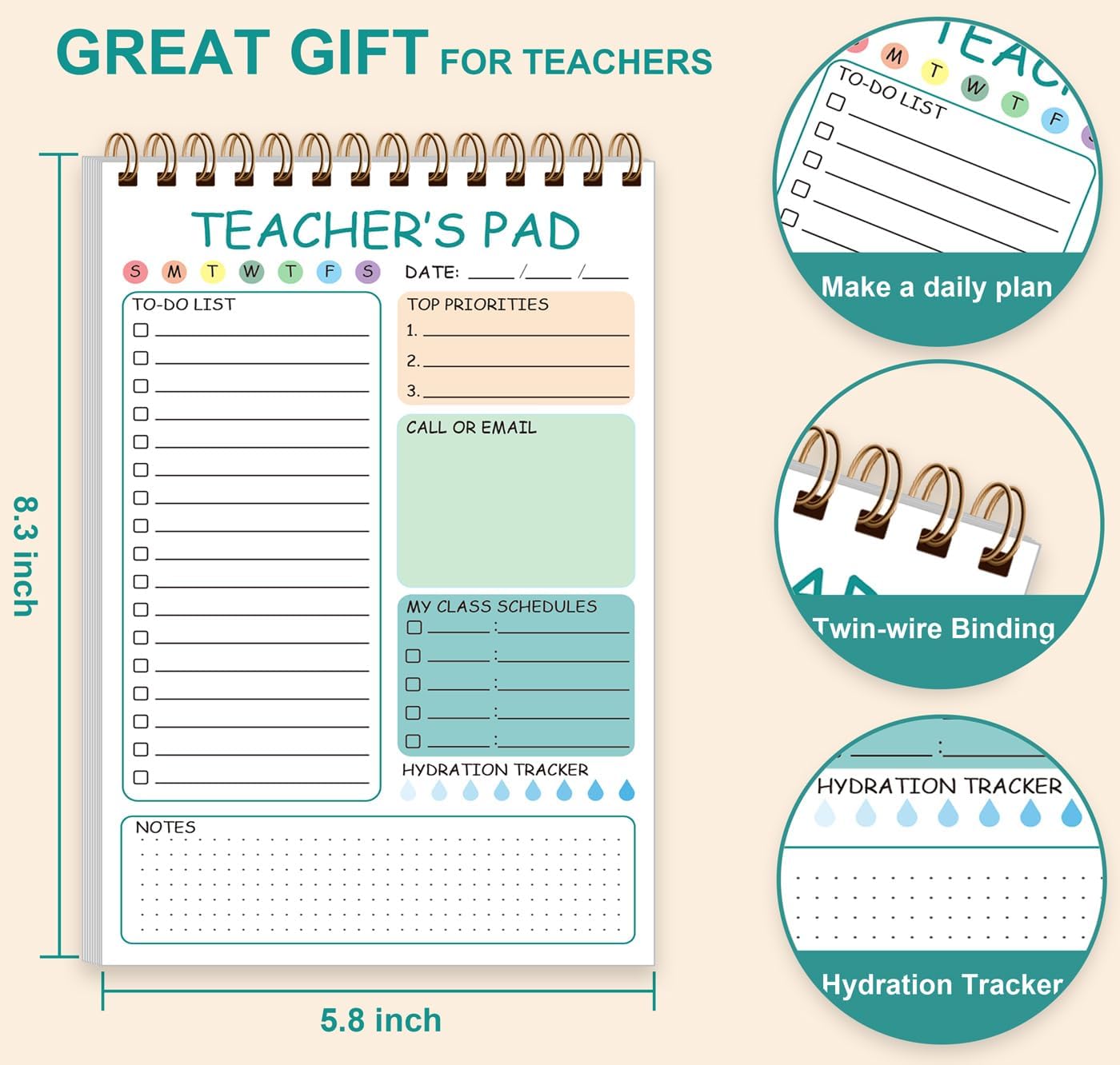 Teacher Notepad - A4 Teacher To Do List Notepad, Spiral Checklist Notebook Organizer for Teachers Notes Task Appointment, Teacher Appreciation Gifts, 8'' x 11'', Green