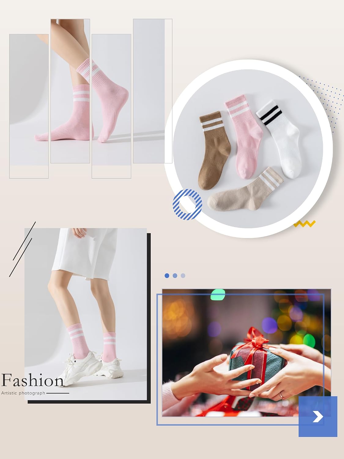 YUWELL Womens Striped Crew Socks, Cotton Cozy Casual Socks for Women 4 Pairs, Size 5-10