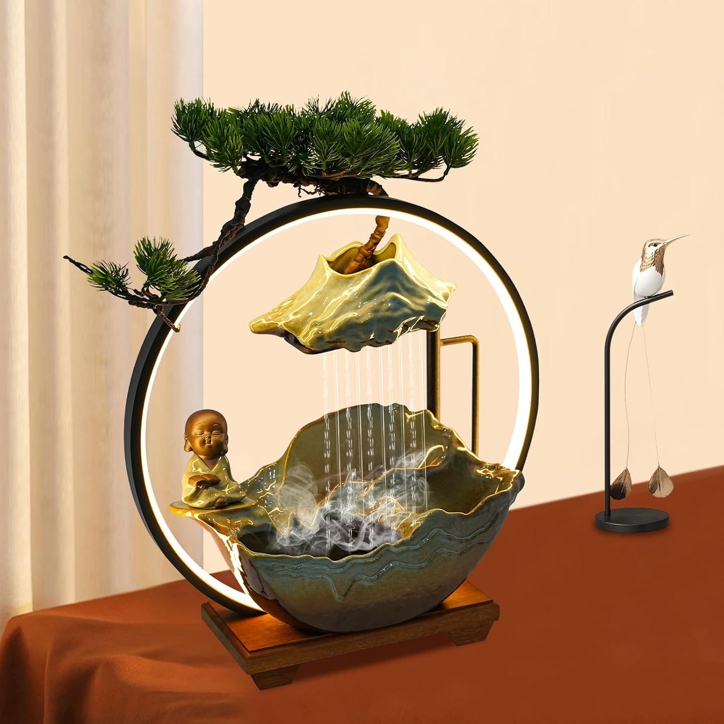 Mini Artificial Bonsai Tree Waterfall Fog Feature Rock Tabletop Fountain | 11in Desktop Decor Waterfall Fountain W/ Water Pump& Atomizer&LED Lights &Fake Tree Office Bedroom Relax
