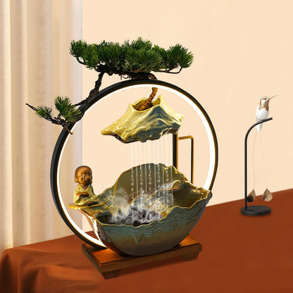 Mini Artificial Bonsai Tree Waterfall Fog Feature Rock Tabletop Fountain | 11in Desktop Decor Waterfall Fountain W/ Water Pump& Atomizer&LED Lights &Fake Tree Office Bedroom Relax