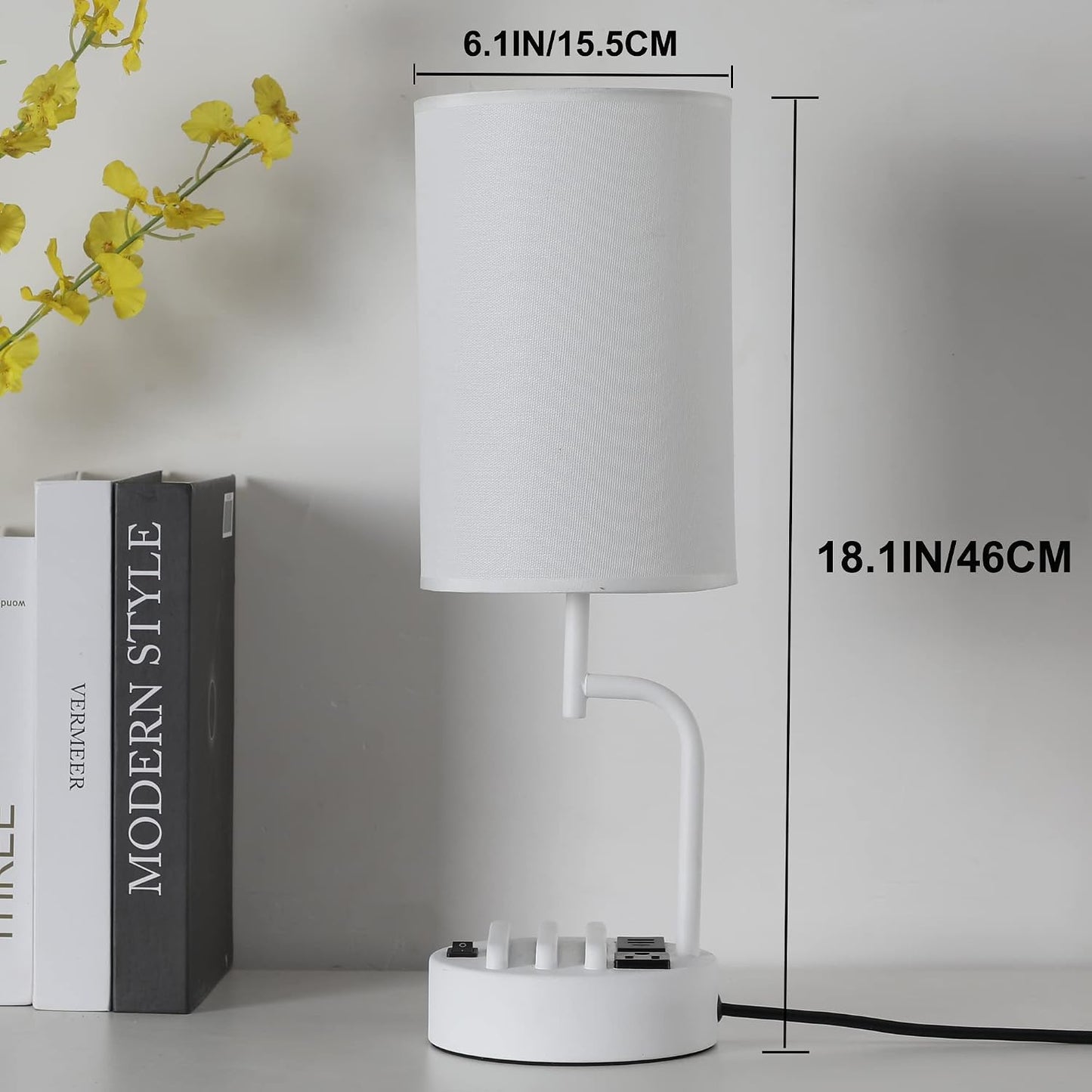 Dreamholder Table Lamp with 3 USB Charging Ports, Modern Desk Lamp with AC Outlet and Phone Stands, Perfect Bedside Lamp for Bedroom, Living Room, Office (Pack of 2), Cream