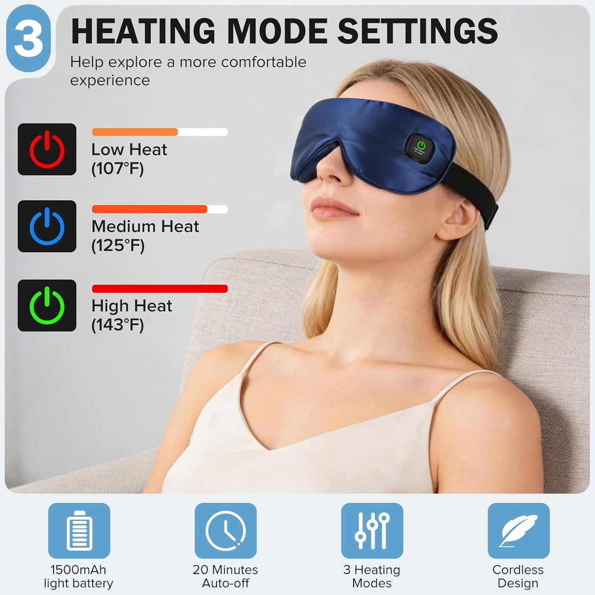 Heated Eye Mask 3 Heat Settings, Cordless Warm Compress with 2 Washable Replacement Covers, Auto Shutoff for Dry Eyes & Eye Strain Home Travel