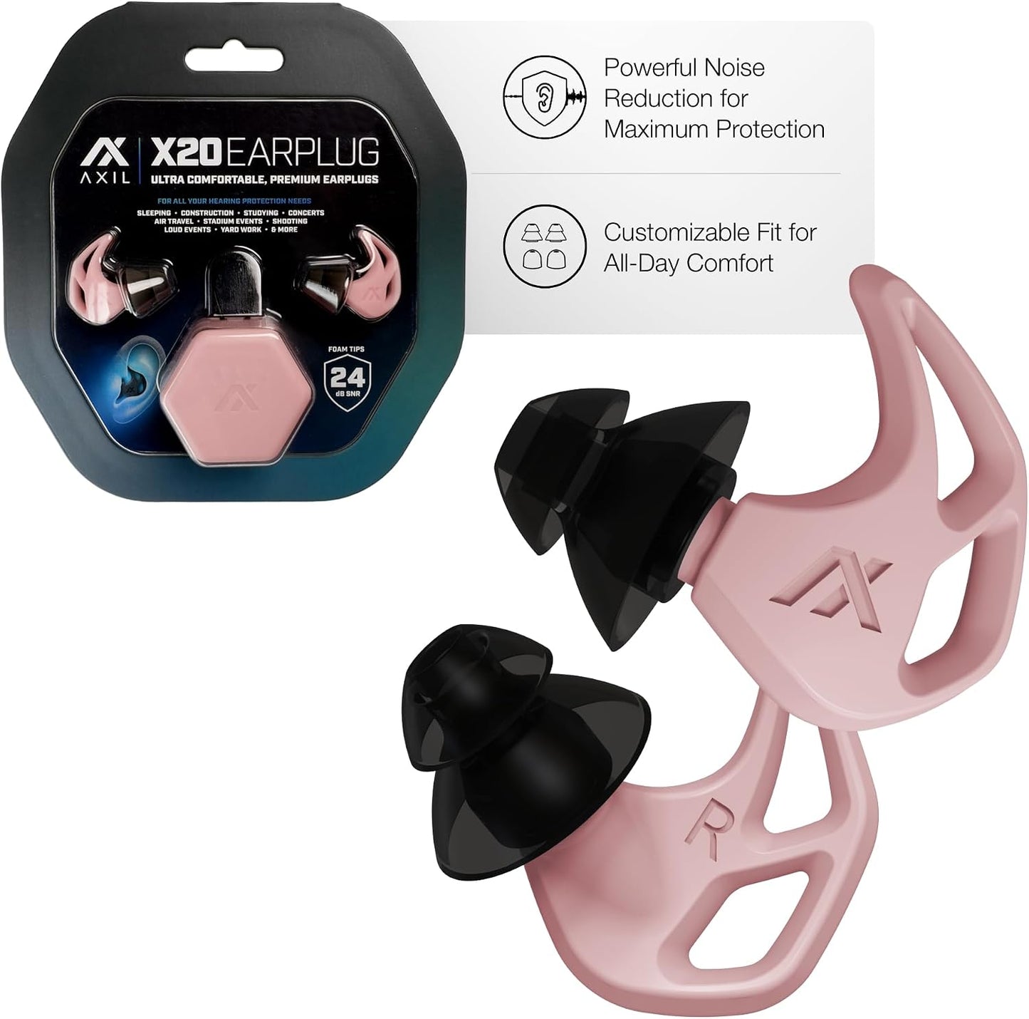 AXIL X20 Noise Reduction Ear Plugs - Pink - Customizable Fit Hearing Protection for Sleeping, Festivals, Live Events and Sports – 24dB Reusable Foam and Silicone Eartips with Carrying Case