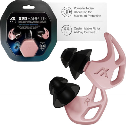 AXIL X20 Noise Reduction Ear Plugs - Pink - Customizable Fit Hearing Protection for Sleeping, Festivals, Live Events and Sports – 24dB Reusable Foam and Silicone Eartips with Carrying Case