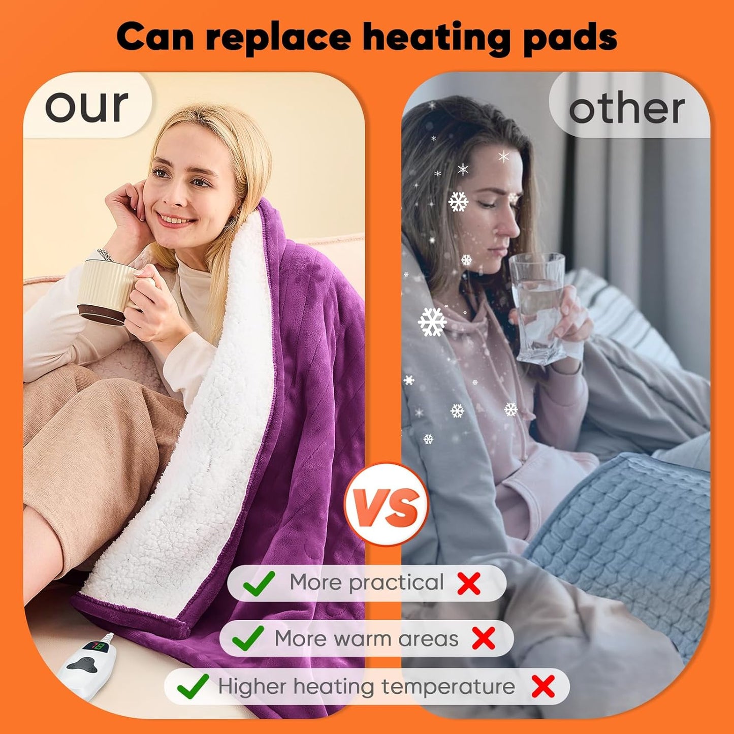 greenoak Heated Blanket Electric Throw 50"X60", Heating Blanket with 10 Heat Levels 1/2/4/6/8 Hours Auto-Off,Fleece Soft Sherpa Blanket,Gifts for Grandma Mom Seniors, Misty Grey