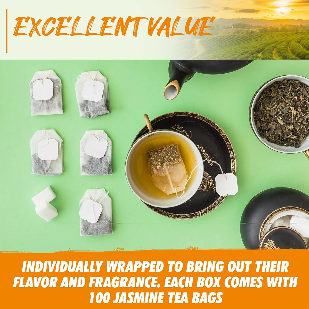 Fusion Organic Jasmine Green Tea - 200 Counts, Relaxing Jasmine Tea Bags, Floral Fragrance