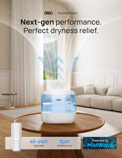 DREO 4L Smart Cool Mist Humidifiers for Bedroom HM311S Black | Top Fill, Quiet Sleep 28 dB, 36H Runtime for large room, Touch/APP/Voice Control, Nightlight, ideal for Baby, Plants, Nursery