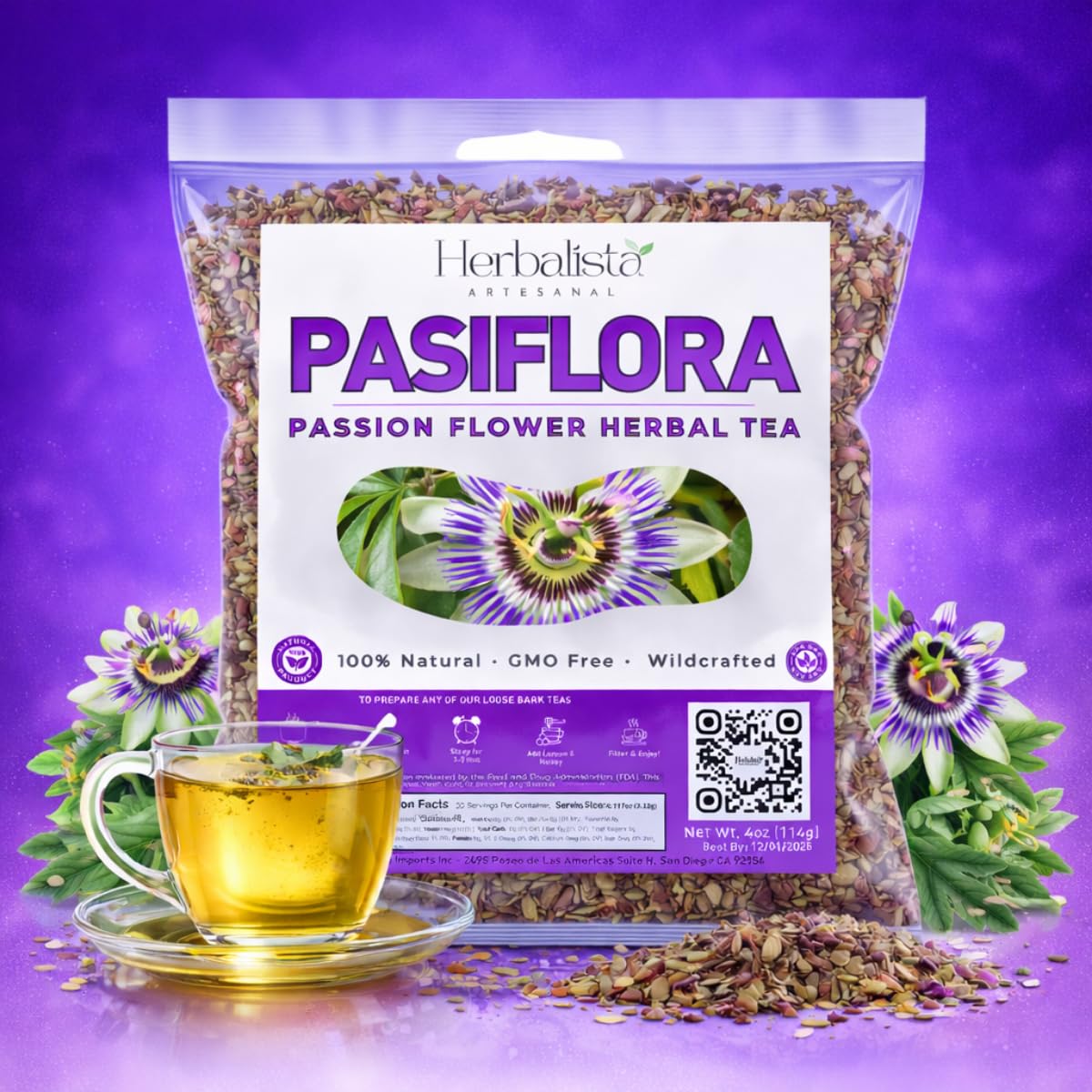 Pasiflora Herbal Tea (Passionflower) – Premium Loose Leaf Blend – 4 oz (113 g) Wildcrafted Traditional Herbal Infusion – 100% Natural, Caffeine-Free, Vegan, Non-GMO