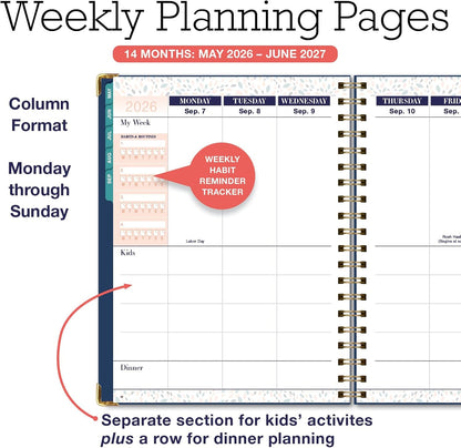FAMILY PLANNER ORGANIZER – 8.5" x 11" Weekly & Monthly Calendar (May 2026-Jun 2027). 5+ People, Meal Planning, Budgeting, Habit Tracker – Hardcover, Household Schedule Organizer for Parents, Kids, & Caregivers (Navy Gold Numbers)