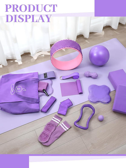 Gemscream 17 Pcs Yoga Essential Kit for Women, Pilates Equipment Starter Set for Beginners with Yoga Wheel Ball Blocks Strap Resistance Bands Wrist Rings Socks Towel & Carry Bag for Home Workouts