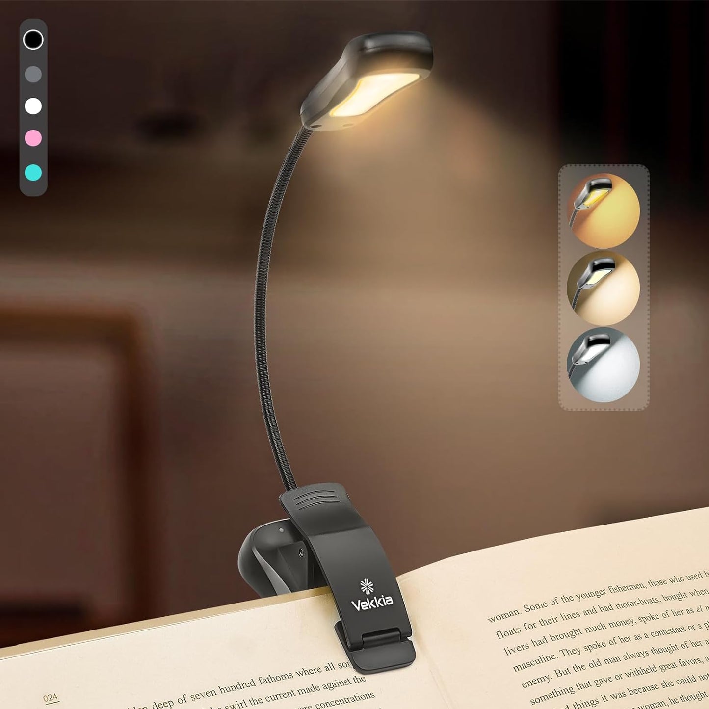Vekkia Rechargeable Book Light for Reading in Bed, 3 Color x 3 Brightness, Lightweight Reading Light, Up to 70 Hours Lighting, Great for Readers, Travel (Blue)