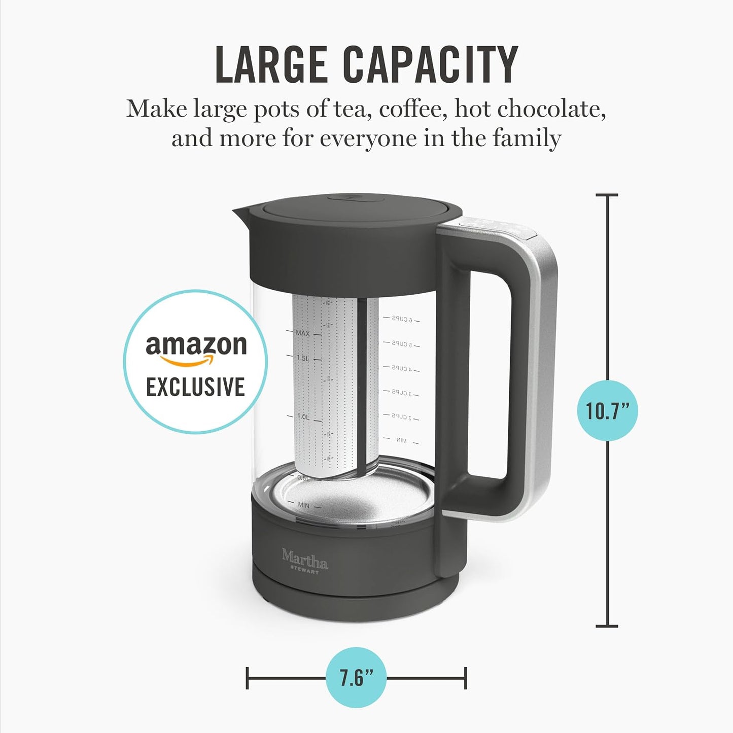 Martha Stewart Electric Kettle with Removable Stainless Steel Tea Infuser, Glass Carafe 1.7L (7 Cups), Hot Water Boiler, 4 Presets, Keep Warm & Auto Shut-Off, Cordless 360° Swivel Base, Honeydew Green