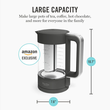 Martha Stewart Electric Kettle with Removable Stainless Steel Tea Infuser, Glass Carafe 1.7L (7 Cups), Hot Water Boiler, 4 Presets, Keep Warm & Auto Shut-Off, Cordless 360° Swivel Base, Honeydew Green