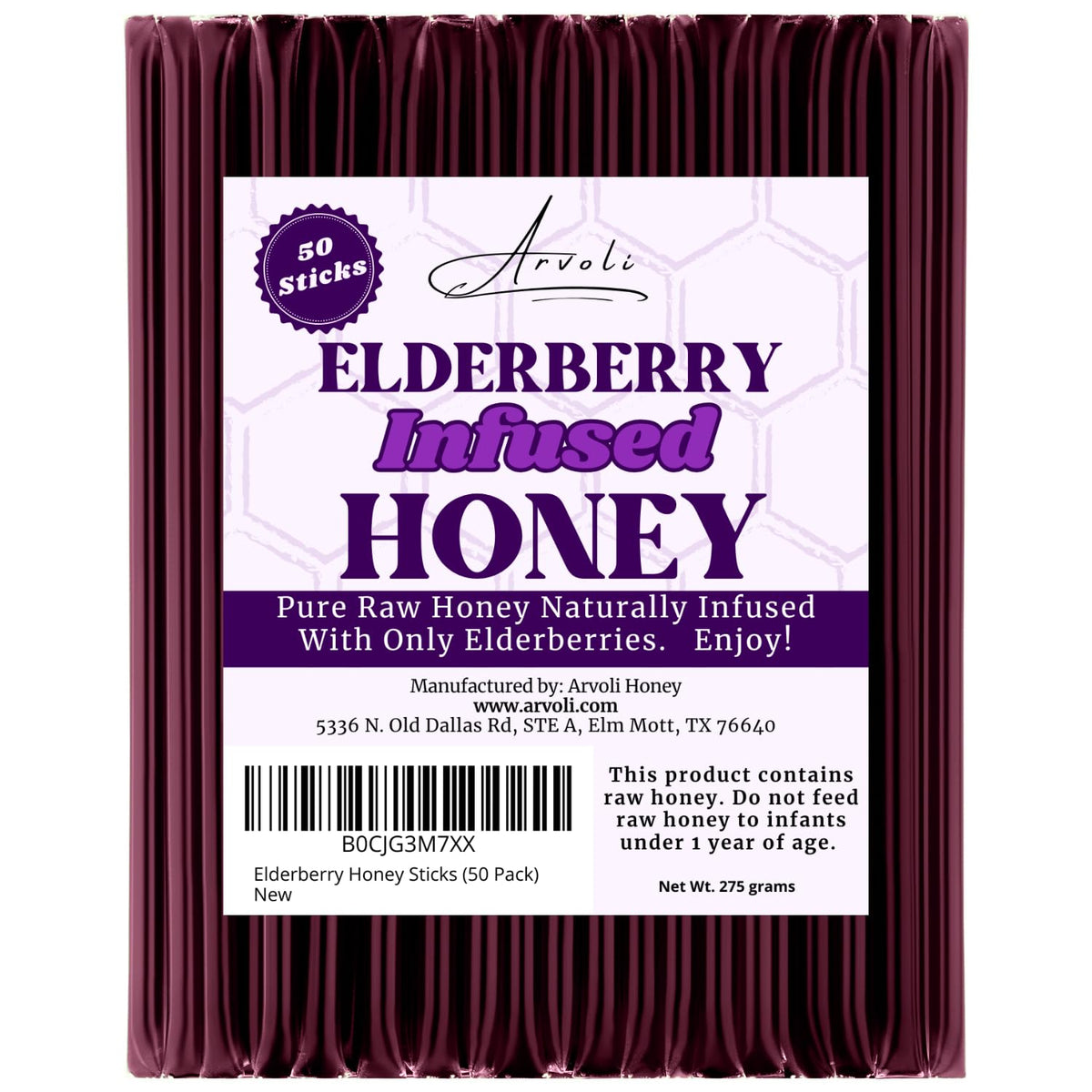 Arvoli Elderberry Honey Sticks for Tea - 50 Pack - Infused Honey with Whole Elderberries - Healthy All Natural Immune Boosters for Adults and Kids - Immune Support
