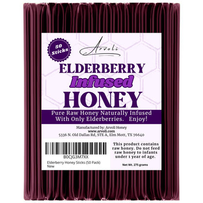 Arvoli Elderberry Honey Sticks for Tea - 50 Pack - Infused Honey with Whole Elderberries - Healthy All Natural Immune Boosters for Adults and Kids - Immune Support