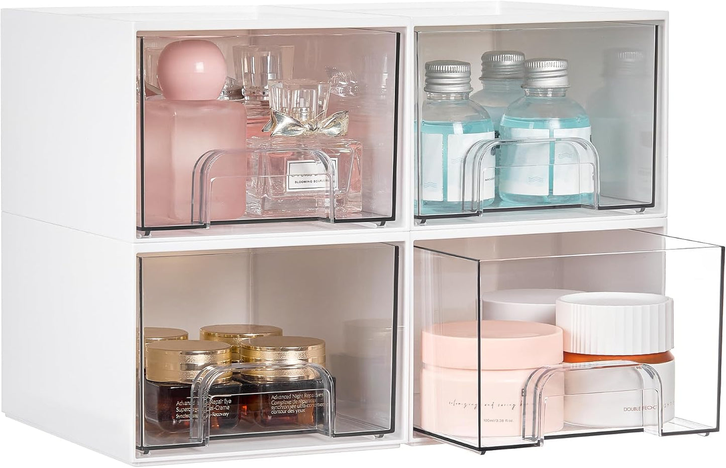 Vtopmart 4 Pack Small Clear Stackable Storage Drawers,Acrylic Bathroom Makeup Organizer,Plastic Storage Bins for Vanity, Undersink, Kitchen Cabinets, Pantry, Home Organization
