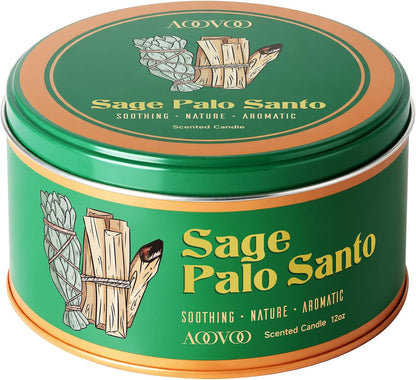 AOOVOO Sage Candle for Cleansing - 3 Wick 12oz Large Scented Candle with Crystals & Sage Leaves Inside, Soy Candles Non Toxic for Meditation Spiritual Gift, Aromatherapy Candle for Women Men