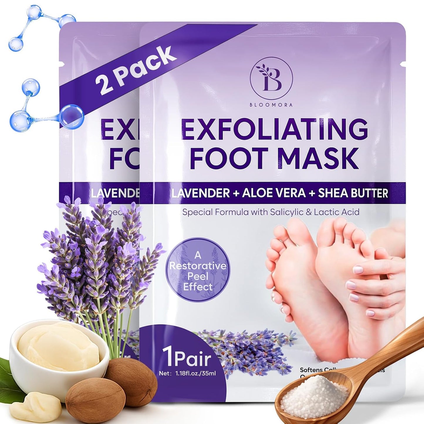BLOOMORA Foot Peeling Mask (6 pairs) Exfoliating Foot Mask for Dry Cracked Feet with Lavender & Shea Butter, Dead Skin & Callus Remover for Feet, Exfoliating Socks for Women & Men, One Size Fits Most