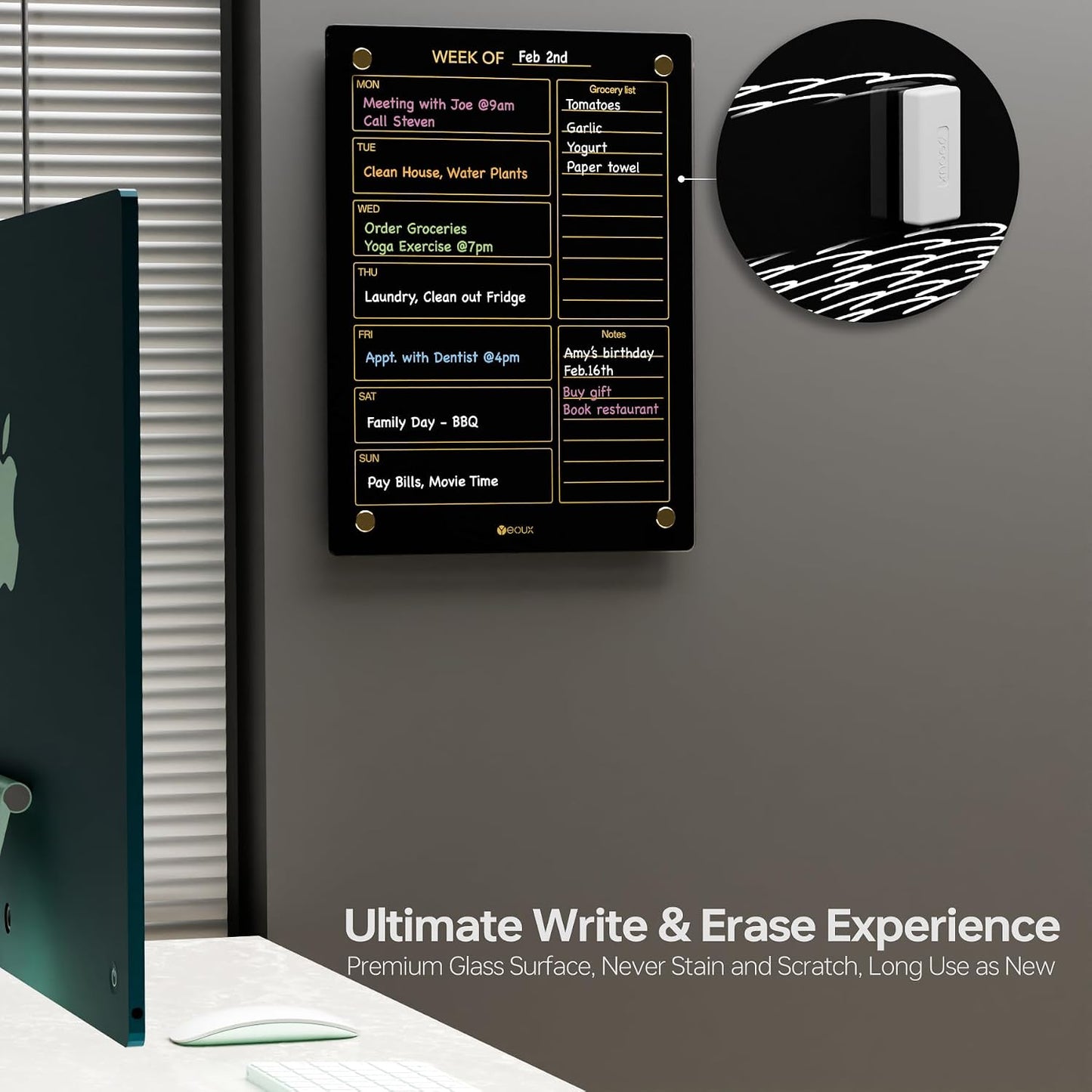 Black Glass Golden Weekly Dry Erase Calendar & Menu Whiteboard for Wall, Meal Planning & Grocery Shopping List White Board for Kitchen & Home, 15x11, 4 Wet Erase Markers Included, Yeoux