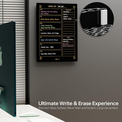 Yeoux Black Glass Golden Weekly & Menu Dry Erase Calendar Board 15“x11