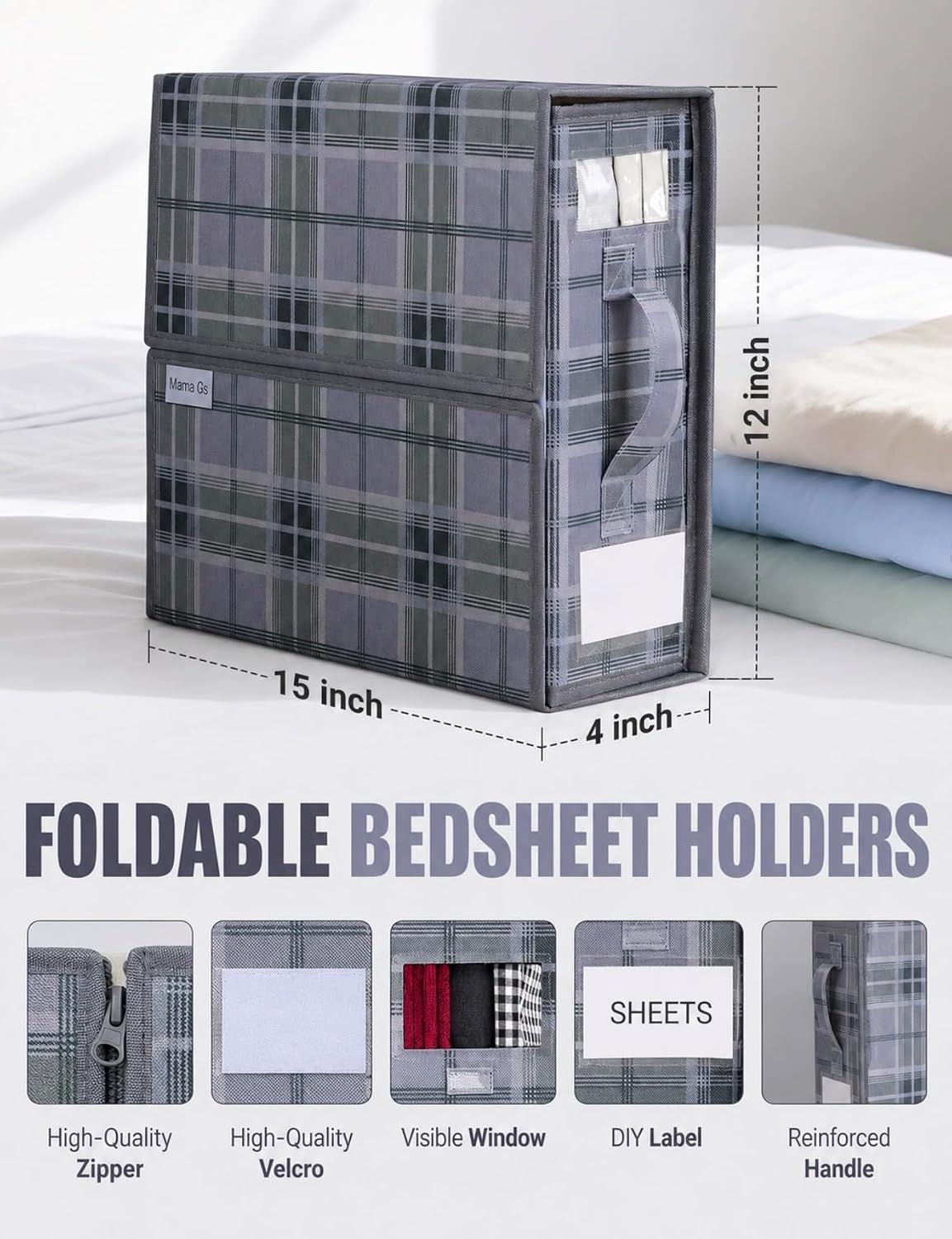 4 Pack Bed Sheet Organizer and Storage with Zipper – Linen Closet Organizers for Full, King, Queen & Twin Sheet Sets, Bedding Storage for Blankets and Duvet Covers, Black