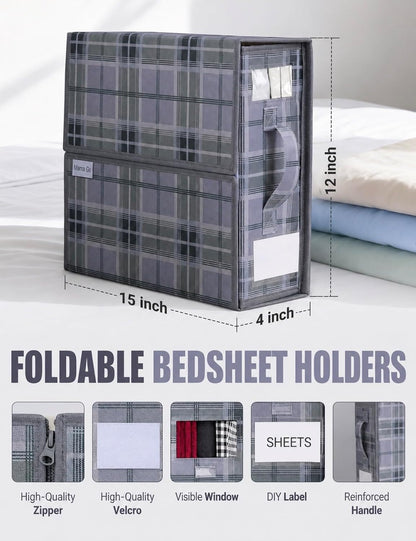 4 Pack Bed Sheet Organizer and Storage with Zipper – Linen Closet Organizers for Full, King, Queen & Twin Sheet Sets, Bedding Storage for Blankets and Duvet Covers, Black