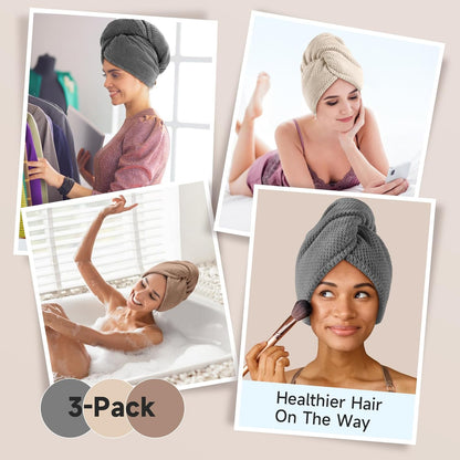 Umisleep 2 Pack Microfiber Hair Towel Wrap for Women, 400 GSM Thick & Soft Hair Drying Towels, Super Absorbent Hair Turban with Button Loop for Curly, Wavy & Wet Hair (Grey, White)