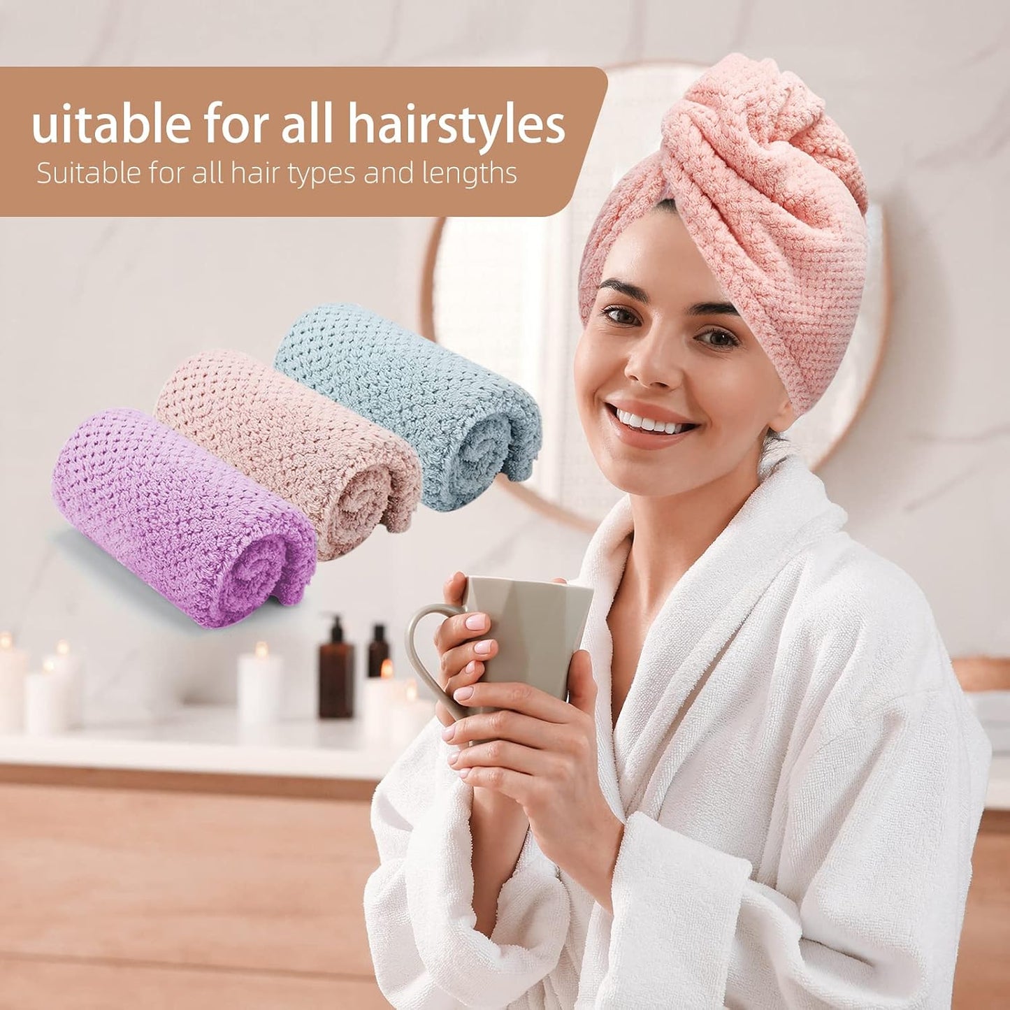 CZZXI 3 PCS Microfiber Hair Towel, Hair Wraps for Women Wet Hair, Fast Drying Hair Turban, Anti Frizz Head Towels Wrap for Curly Hair (Purple, Pink, Blue)