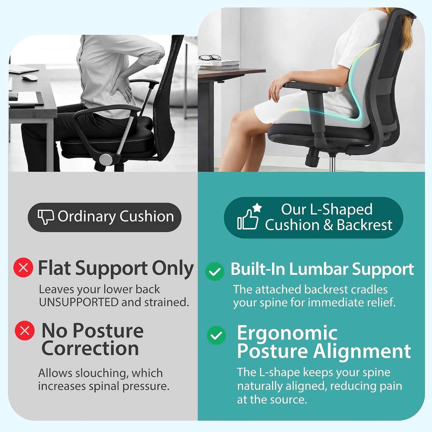 Seat Cushion for Office Chair and Car, Lumbar Support Pillow for Office Chair, Memory Foam Ergonomic Seat Cushion for Long Sitting, Back & Tailbone Pain, Sciatica - Dark Gray & Light Gray