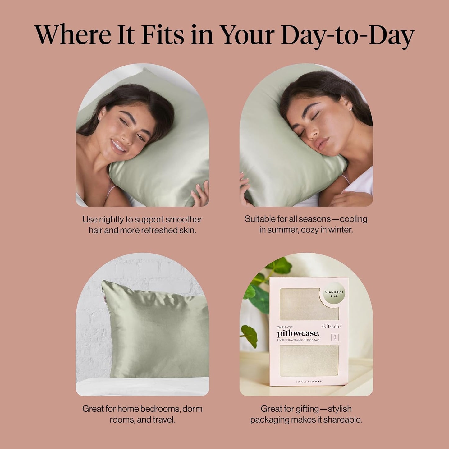 Kitsch Satin Pillowcase with Zipper for Hair & Skin - Softer Than Silk Pillow Cases, Smooth Cooling Satin Pillow Case, Wrinkle-Free, Machine Washable - Pillow Cases Standard Size (19x26) - Blush
