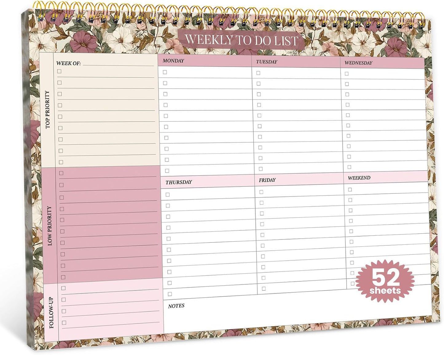 Weekly To Do List Notepad with 52 Undated Sheets（8.5"×11"）- Undated Weekly Planner Notepad for Office Desk Accessories and Supplies - Sunshine Petal