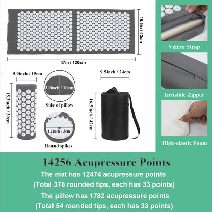 XiaoMaGe Acupressure Mat and Pillow Set with Bag - Extra Long Acupuncture Mat for Neck & Back Pain Relief- Naturally Relaxation Gift for Women - Stress Relief Massage Mat (Black)