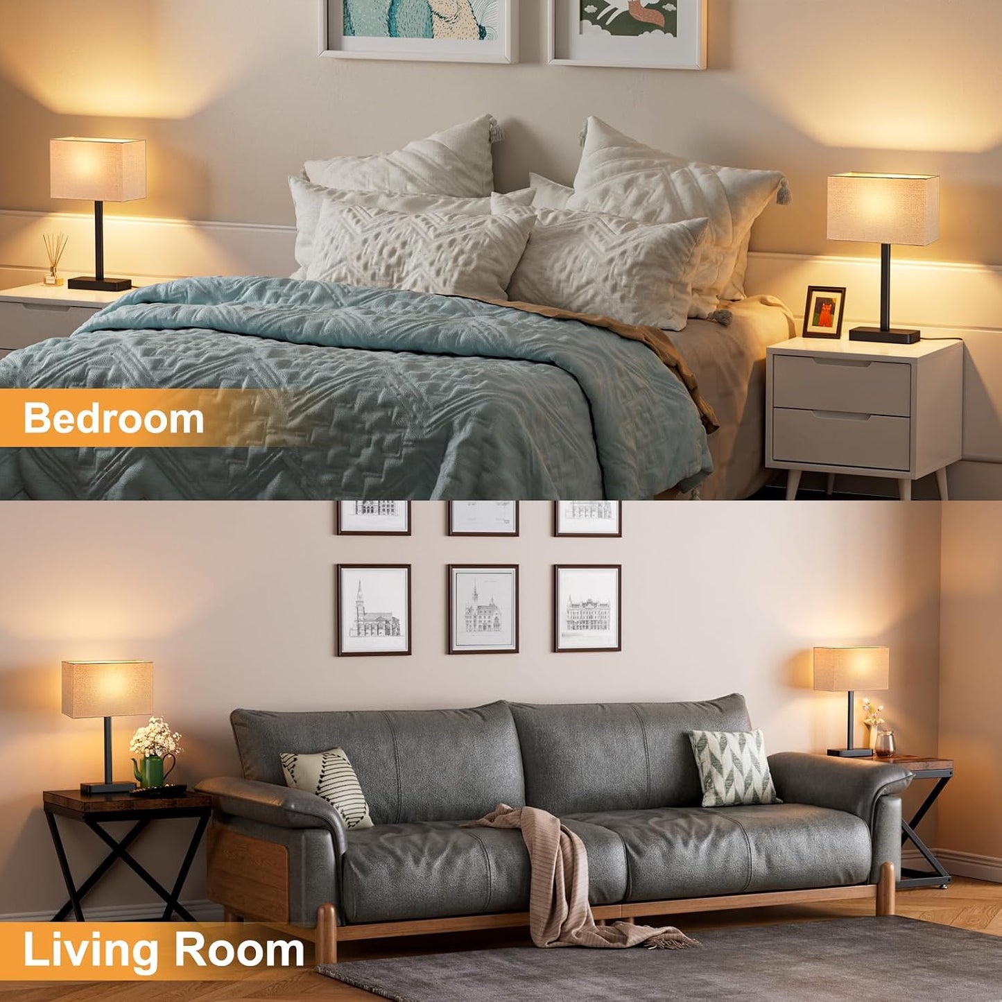 Hong-in Touch Lamps for Bedroom - 3-Way Dimmable Bedside Lamps Set of 2 with USB C+A, Grey Modern Table Lamp for Night Stands, Desk Lamp for Living Room Nightstand End Tables Bed Side