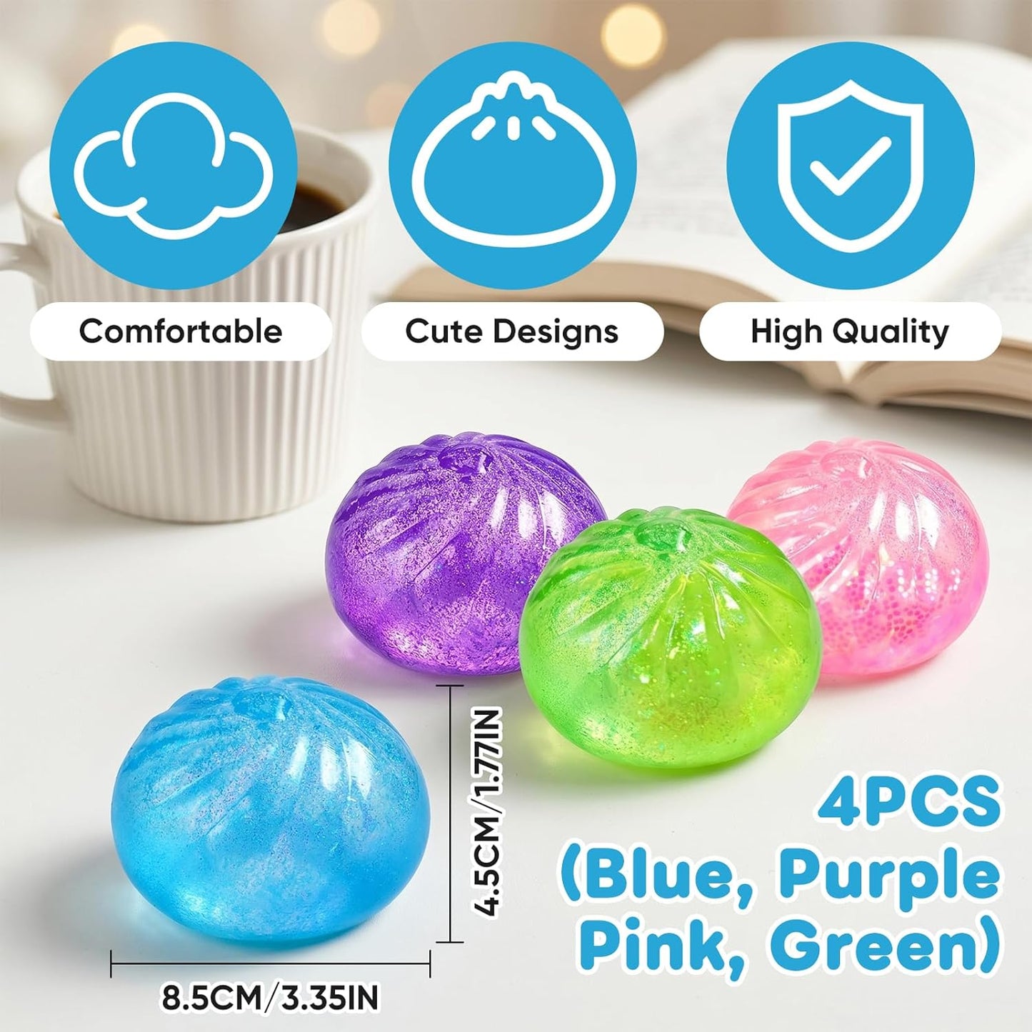 4Pcs Glitter Slow Rebound Stress Balls, Soft Squeeze Tactile Balls for Anxiety Relief, Portable Desk Decor & Gift for Adults