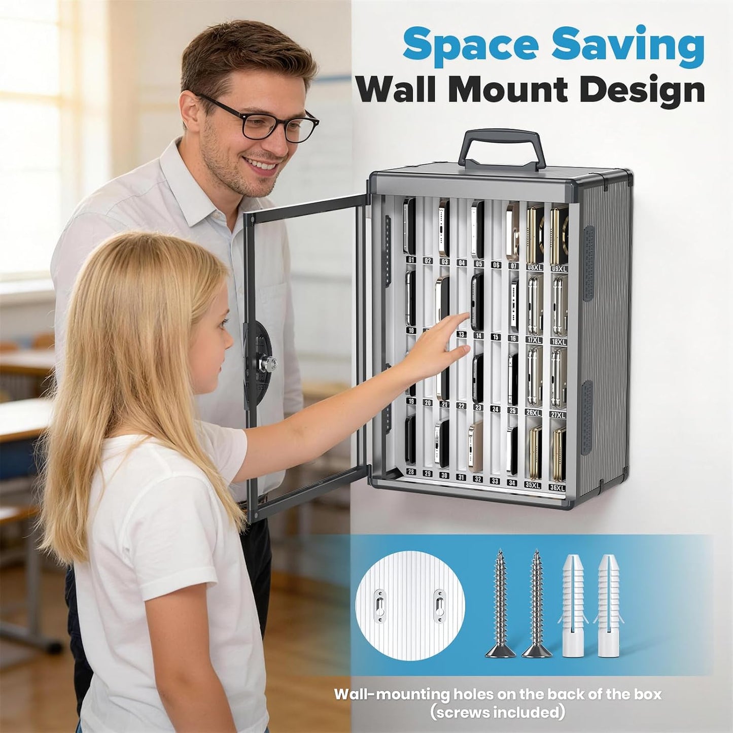 24 Slots Cell Phone Locker, Classroom Phone Storage Cabinet with Key, 【Wall Mounted】 【Aluminum Alloy】 Phone Lock Box, Mobile Phone Lockbox with Handle for School Office Exam(Silver)