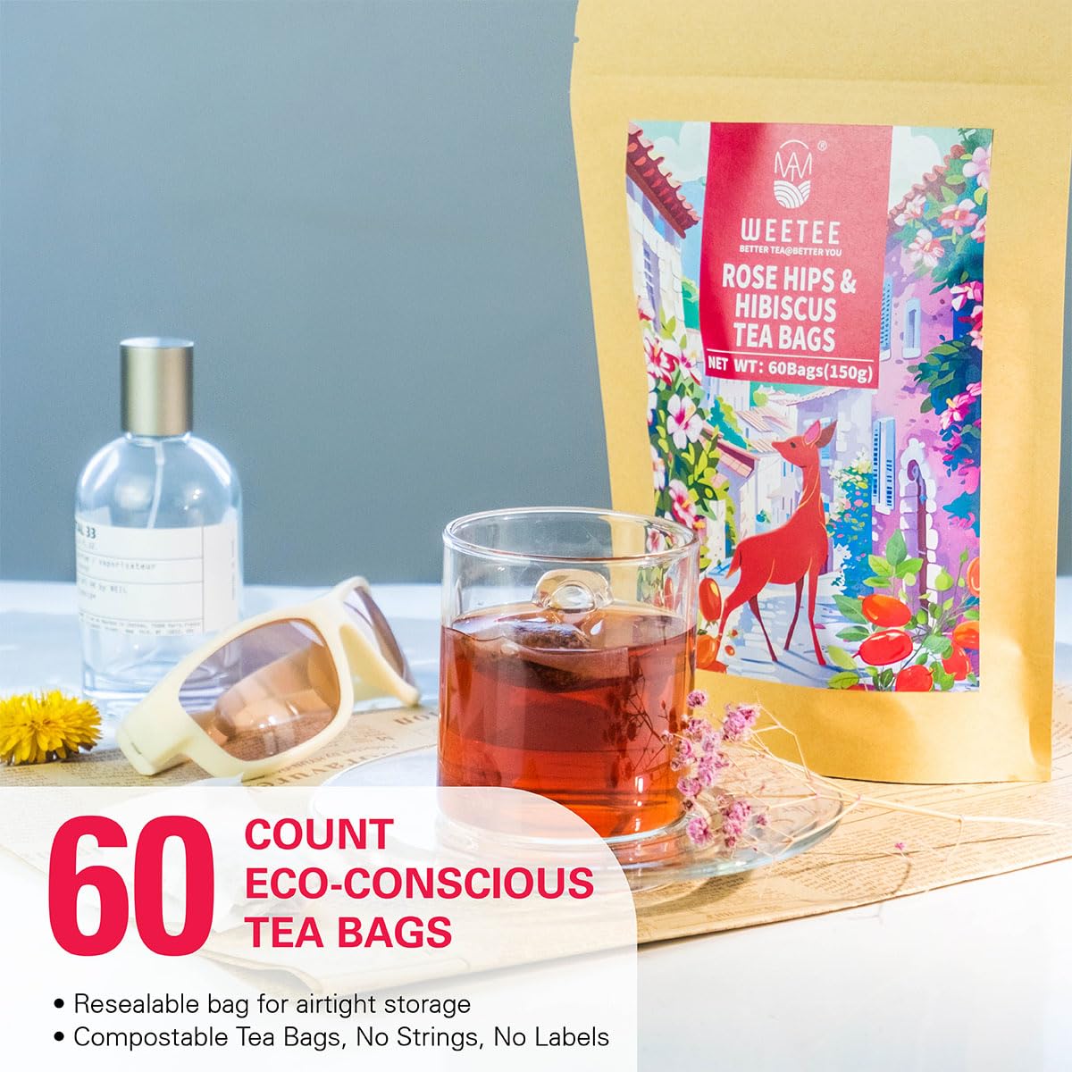 WT WEETEE Rosehips Hibiscus Tea Bags 60 Count, Caffeine-free & Antioxidants