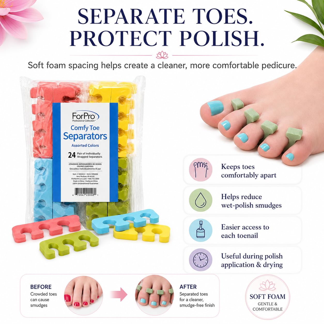 ForPro Professional Collection Comfy Toe Separators, White, Pedicure, 1" W x 3.5" L, 100-Pairs