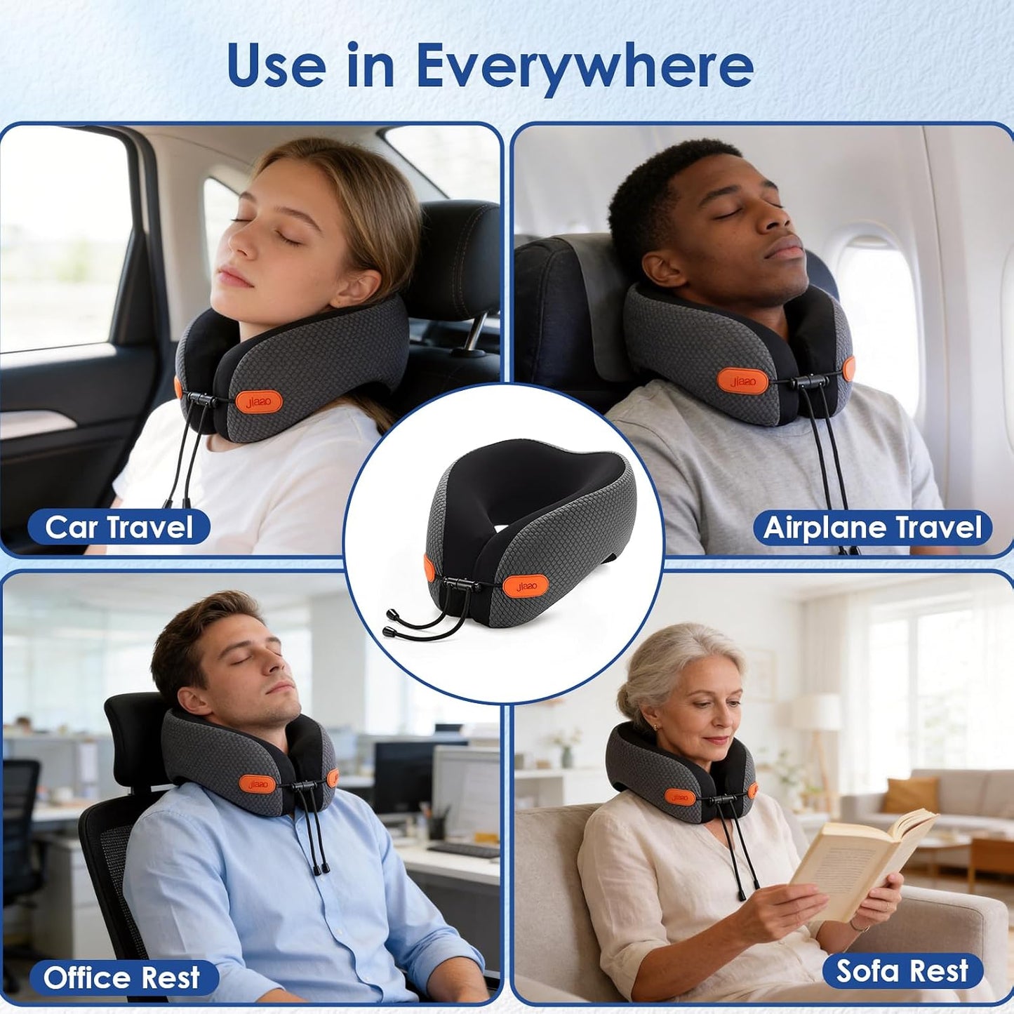 jiaao Travel Pillow Memory Foam Neck Pillow for Airplanes with Adjustable Neck Support, Includes Eye Mask, Earplugs & Storage Bag - Perfect for Flights, Road Trips, and Trains