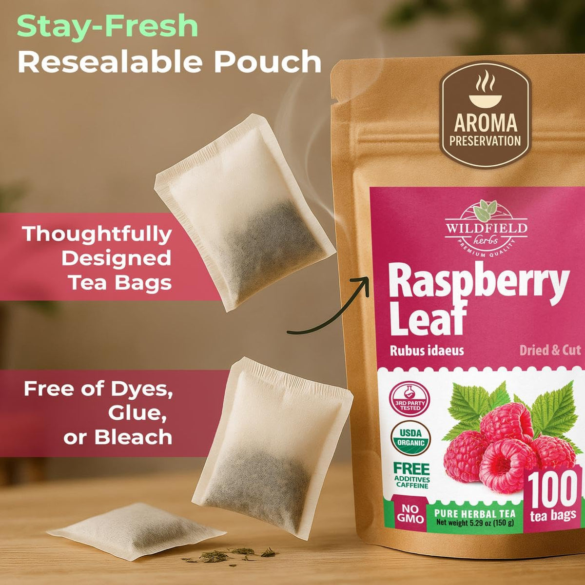 100 Bags Raspberry Leaf Tea Rasberry Leaf Herbs (Rubus Idaeus Folium) - 1.5g Bags Rasberry Leave Tea Hojas De Frambuesa