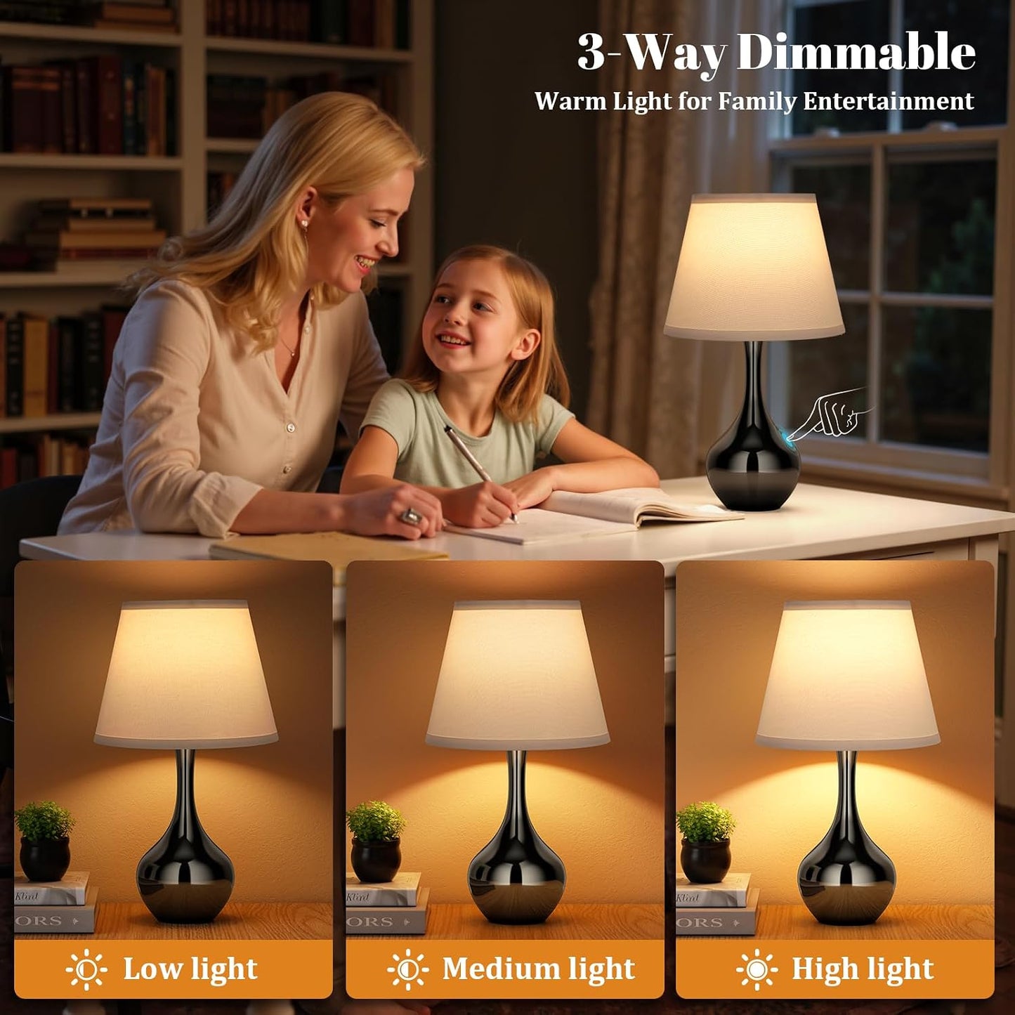 Seealle 16.1" Touch Table Lamps for Nightstand, 3-Way Dimmable Small Bedroom Lamps for Night Stands, Black Bedside Lamps for Living Room, Kids Room, End Table