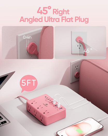 Kakyanill 8 USB Pink Power Strip with 6 AC(4 USB-C), 5 FT Extension Cord